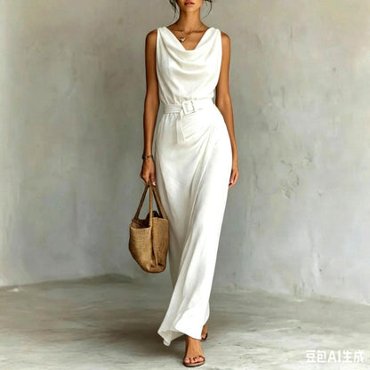Celine Cowl V-Neck Belted Resort Maxi Dress — Casuarina