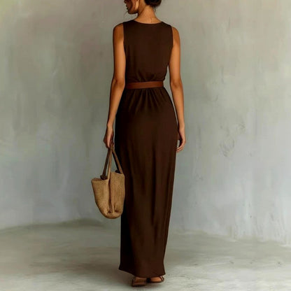 Celine Cowl V-Neck Belted Resort Maxi Dress — Casuarina