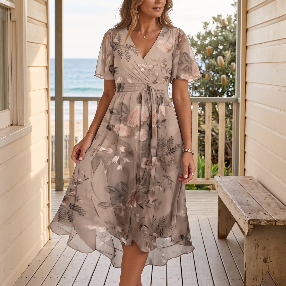 Connie | Women's Floral Wrap Midi Dress – Beige worn on an Australian coastal verandah