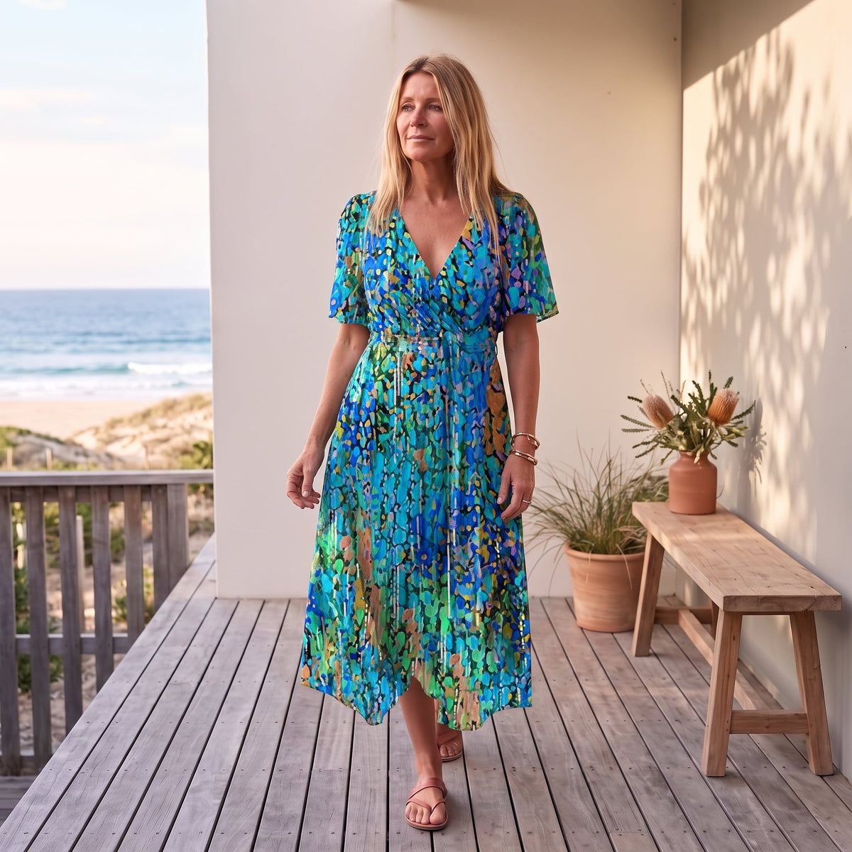 Connie | Women's Floral Wrap Midi Dress – Blue worn on an Australian coastal verandah