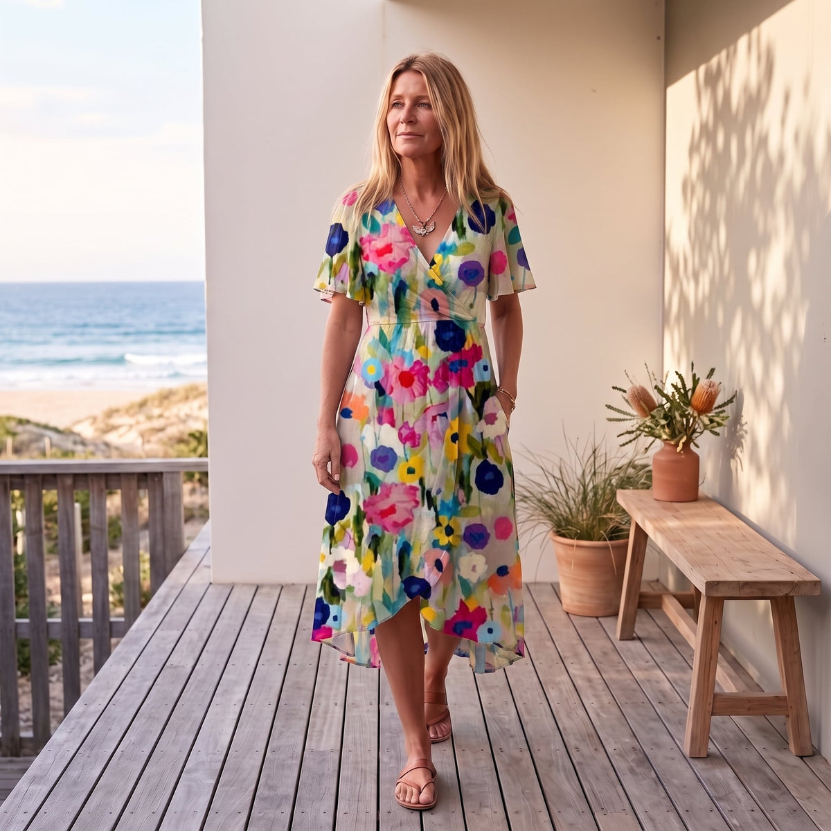 Connie | Women's Floral Wrap Midi Dress – Floral worn on an Australian coastal verandah
