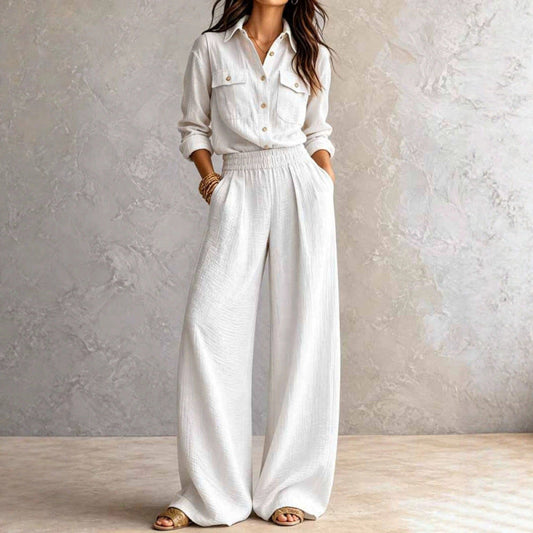 Dulcie Cotton Collared Wide-Leg Matching Set — Casuarina