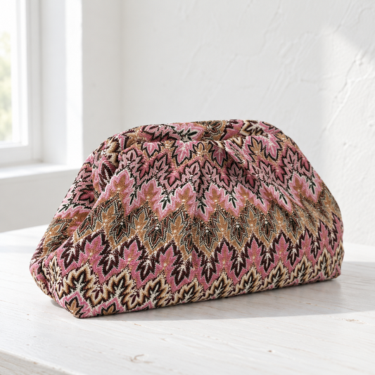 Juno Jacquard Pleated Clutch – three-quarter view on a white table