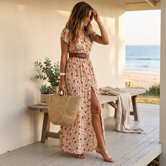 Justine™ | Airy Boho Maxi Dress With FREE Matching Belt – Red worn on an Australian coastal verandah