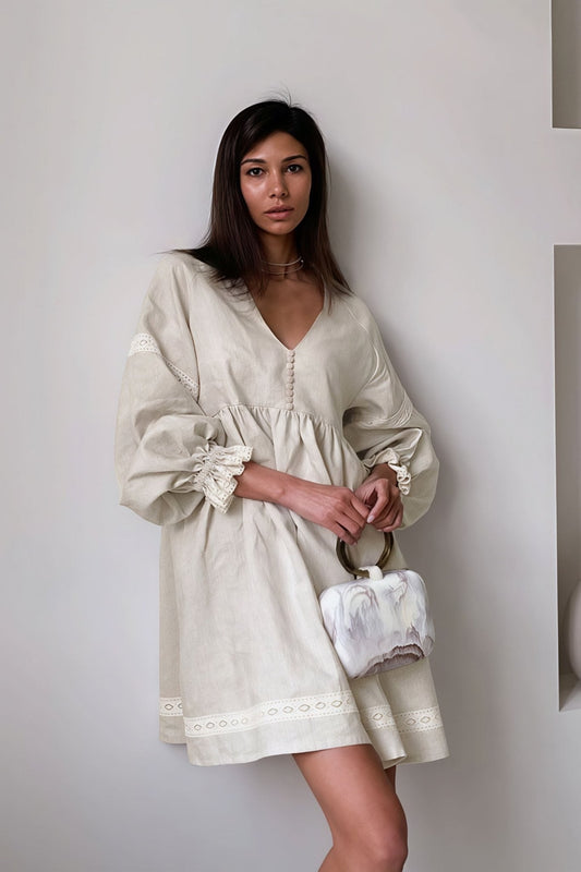 Pandora Cotton Linen V-Neck Lantern Sleeve Mini Dress — Casuarina