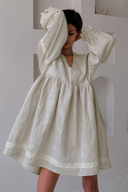 Pandora Cotton Linen V-Neck Lantern Sleeve Mini Dress — Casuarina