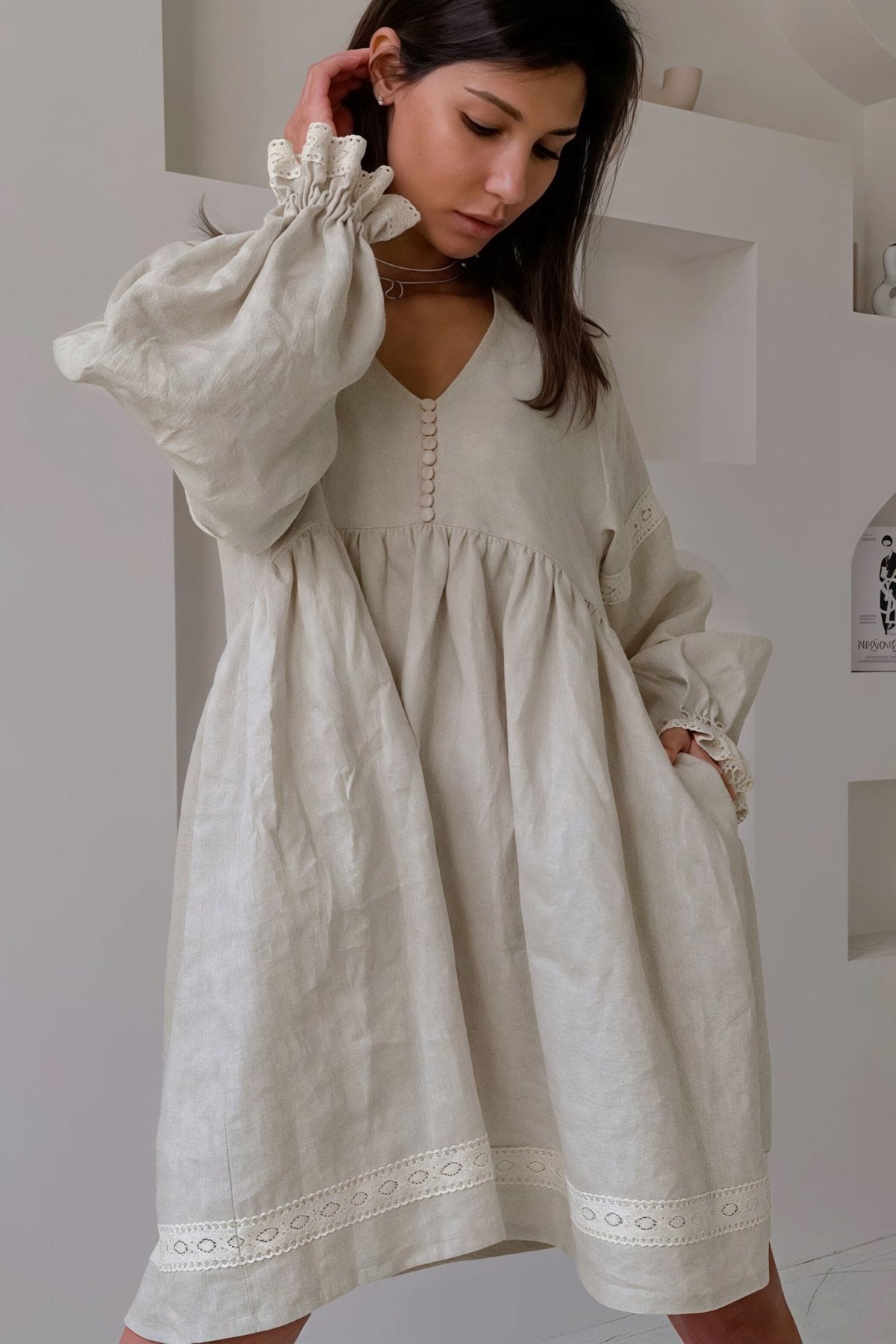 Pandora Cotton Linen V-Neck Lantern Sleeve Mini Dress — Casuarina