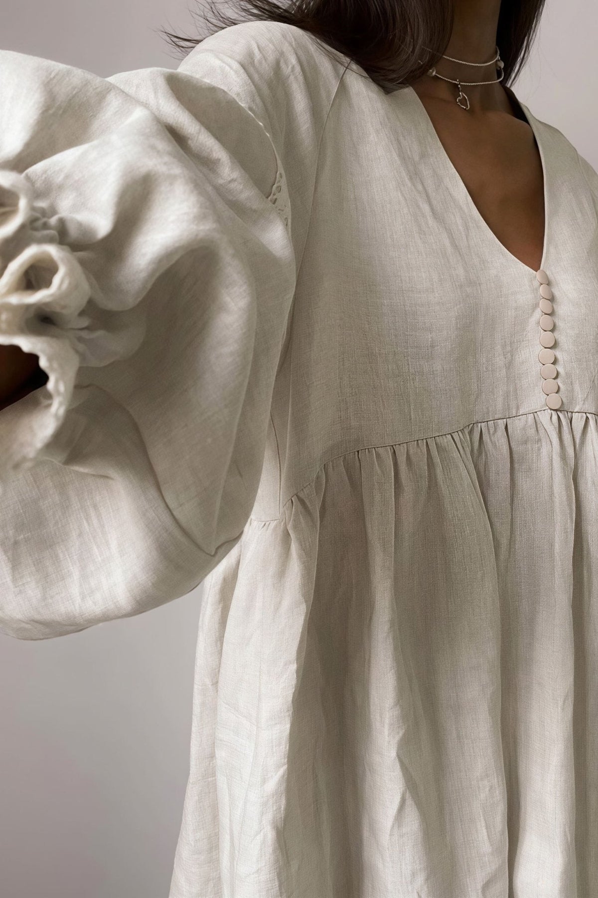 Pandora Cotton Linen V-Neck Lantern Sleeve Mini Dress — Casuarina