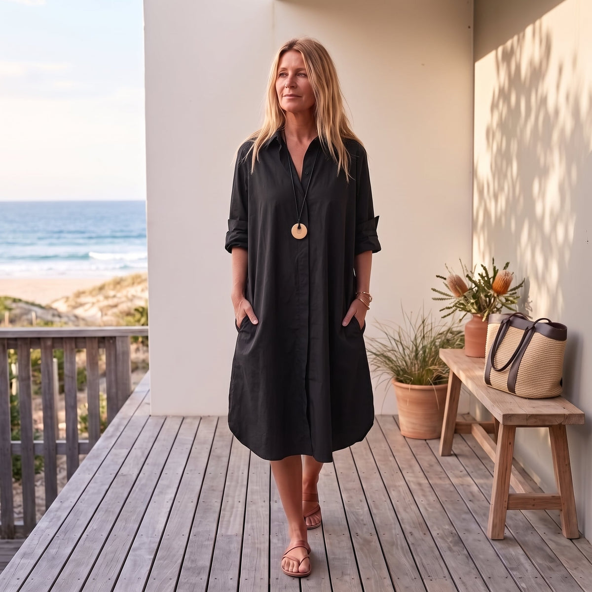 Sandrine™ | Casual and Elegant Polo Dress – Black worn on an Australian coastal verandah