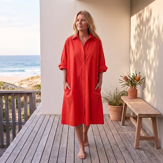 Sandrine™ | Casual and Elegant Polo Dress – Red worn on an Australian coastal verandah