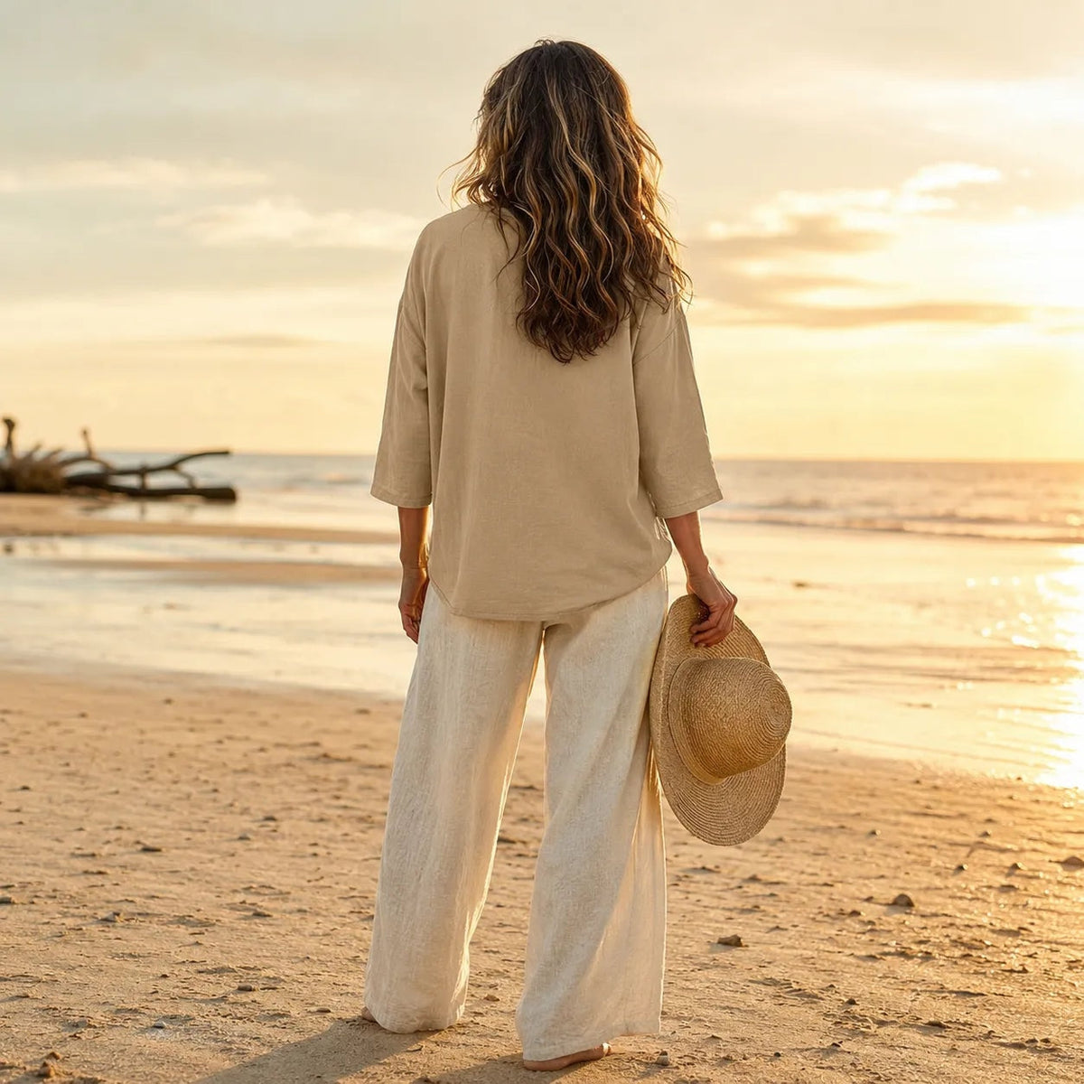 Casuarina Soraya Relaxed V-Neck Top — beige, rear view