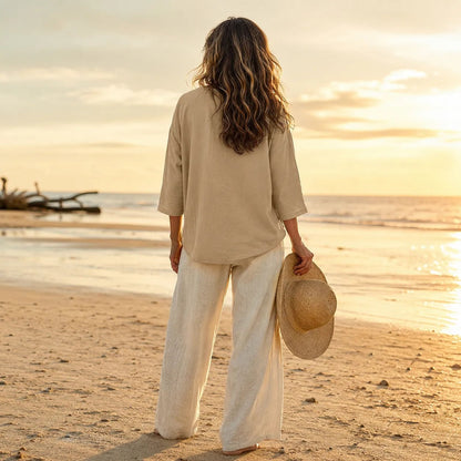 Casuarina Soraya Relaxed V-Neck Top — beige, rear view