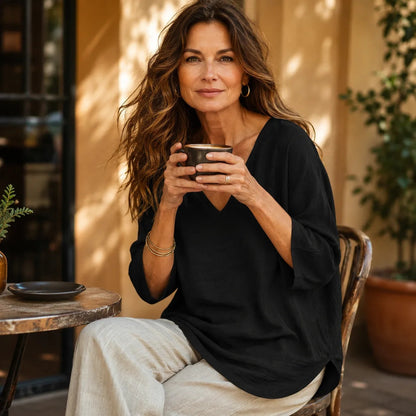 Casuarina Soraya Relaxed V-Neck Top — black, seated view