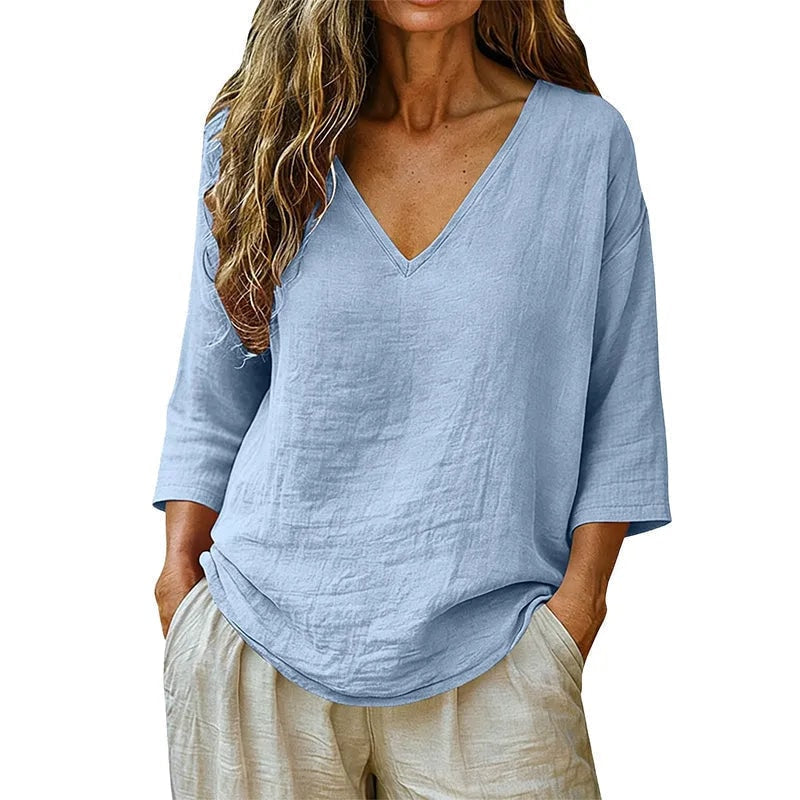 Casuarina Soraya Relaxed V-Neck Top — blue on white background