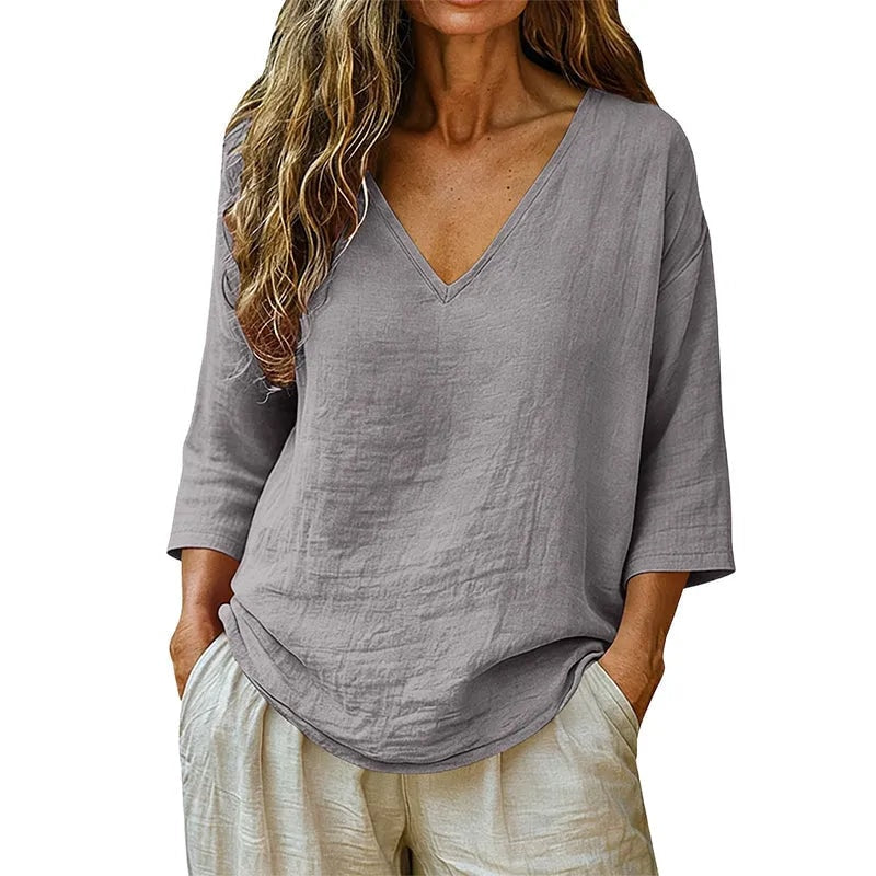 Casuarina Soraya Relaxed V-Neck Top — grey on white background