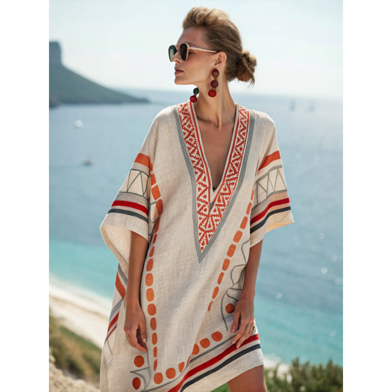 Casuarina Sorella Embroidered Kaftan Dress — ivory with orange, red and dark decorative borders