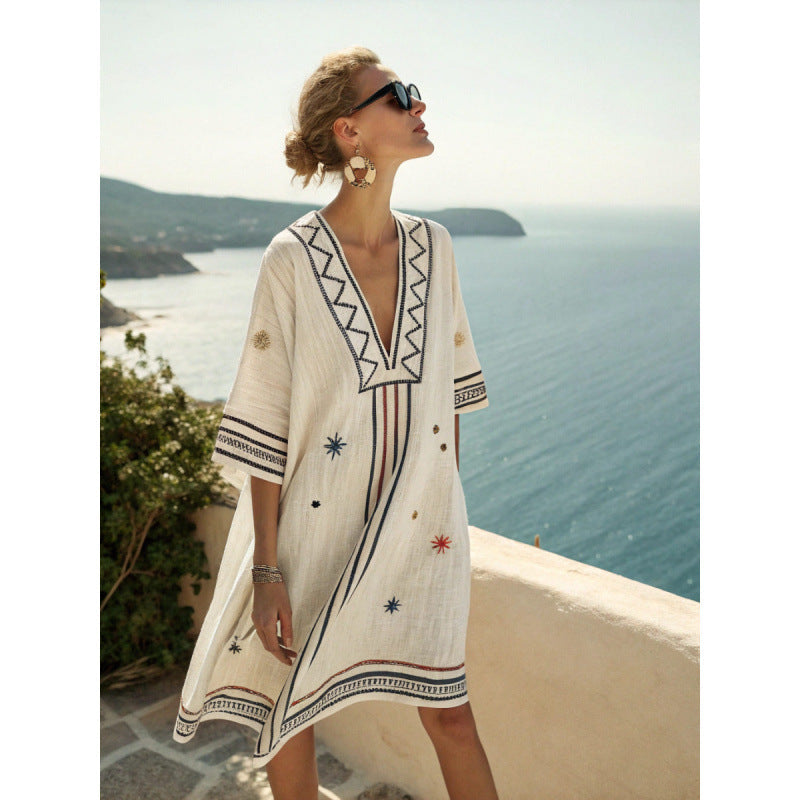 Casuarina Sorella Embroidered Kaftan Dress — ivory with multicoloured embroidered motifs