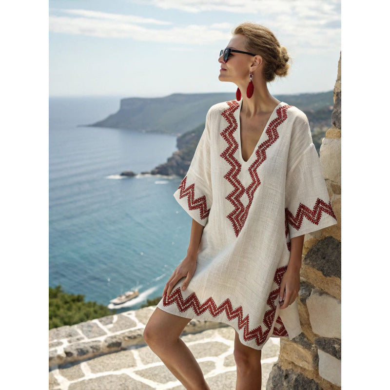 Casuarina Sorella Embroidered Kaftan Dress — beige with red zigzag embroidery
