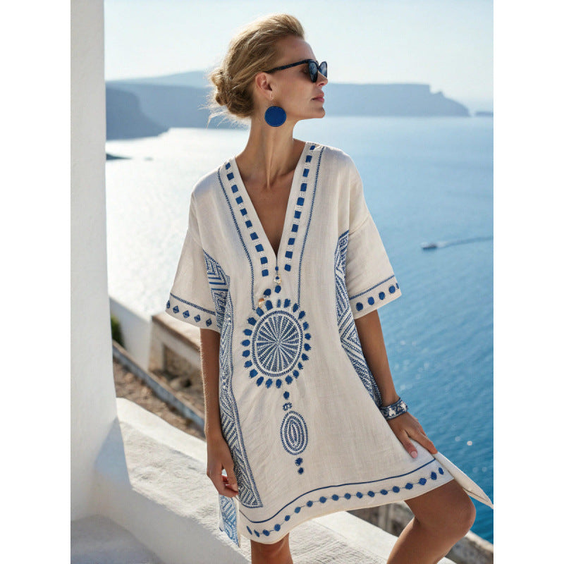 Casuarina Sorella Embroidered Kaftan Dress — ivory with royal blue embroidery