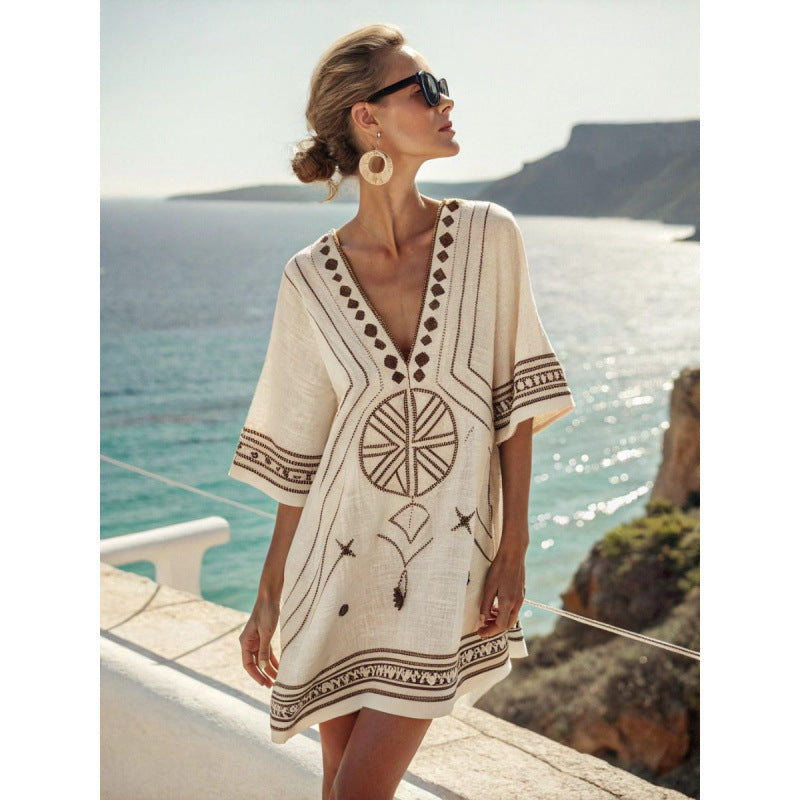 Casuarina Sorella Embroidered Kaftan Dress — ivory with mocha embroidery