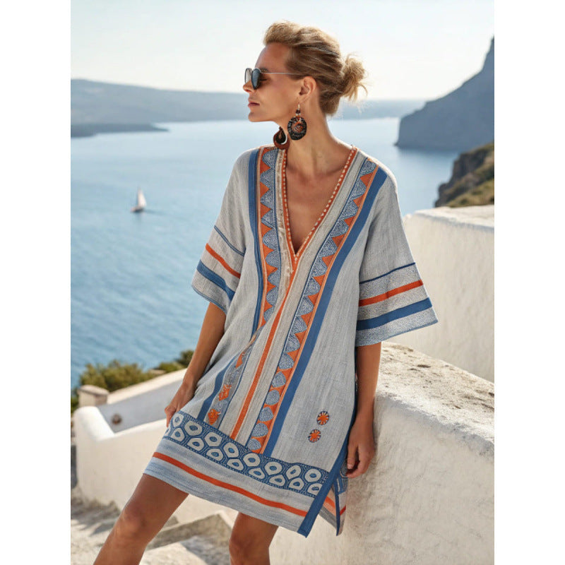 Casuarina Sorella Embroidered Kaftan Dress — sky blue with terracotta details