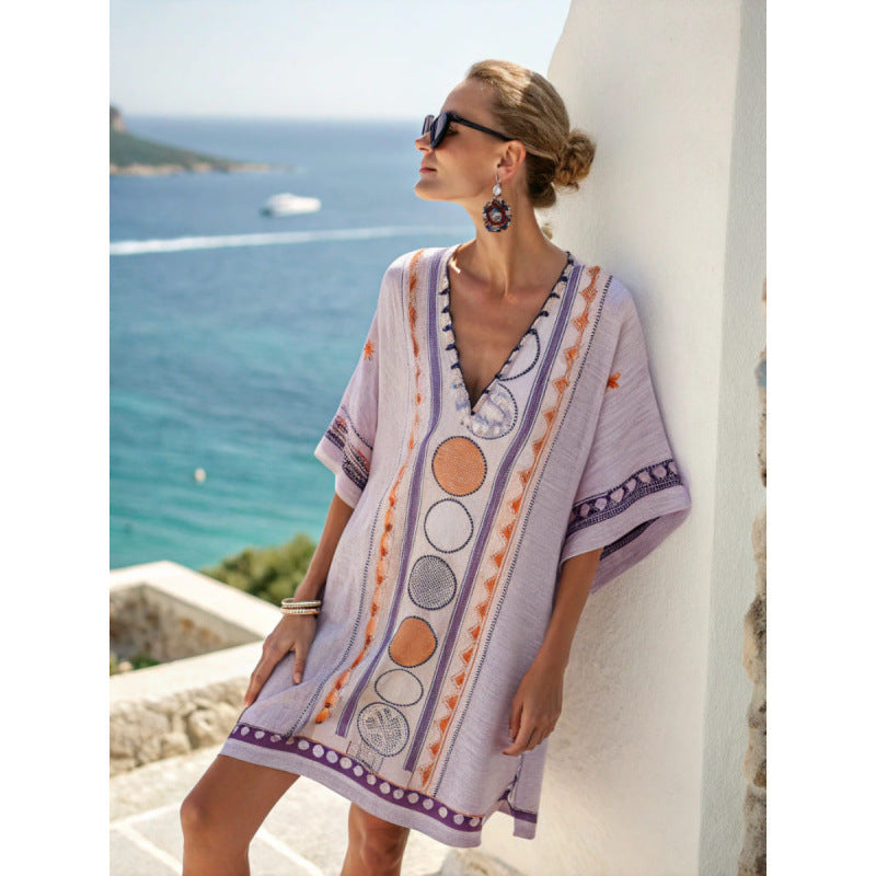 Casuarina Sorella Embroidered Kaftan Dress — lavender with orange accents