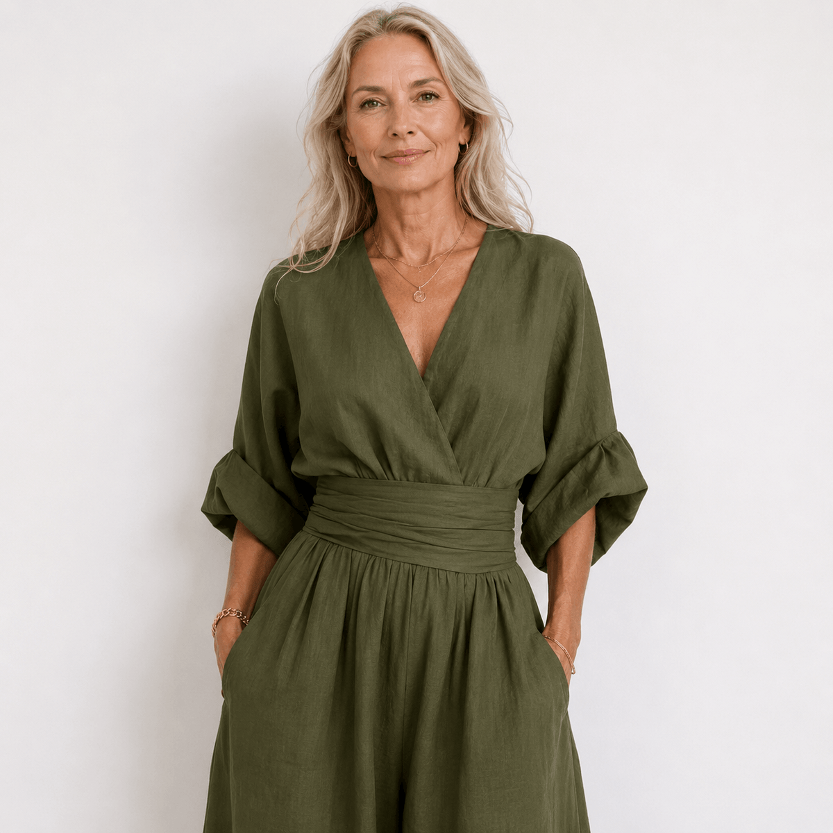 Casuarina Sylvie Wide Leg Jumpsuit — olive green, waist and neckline detail