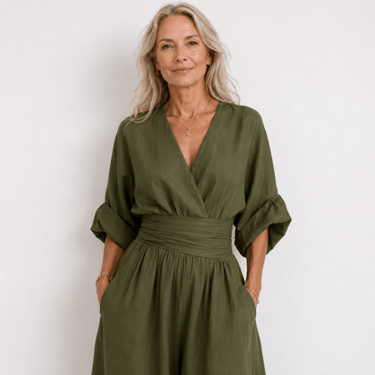 Casuarina Sylvie Wide Leg Jumpsuit — olive green, waist and neckline detail
