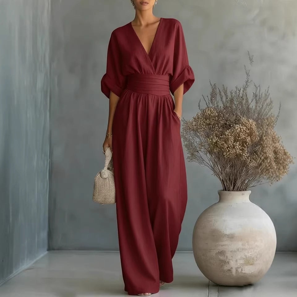 Casuarina Sylvie Wide Leg Jumpsuit — wine red, front view